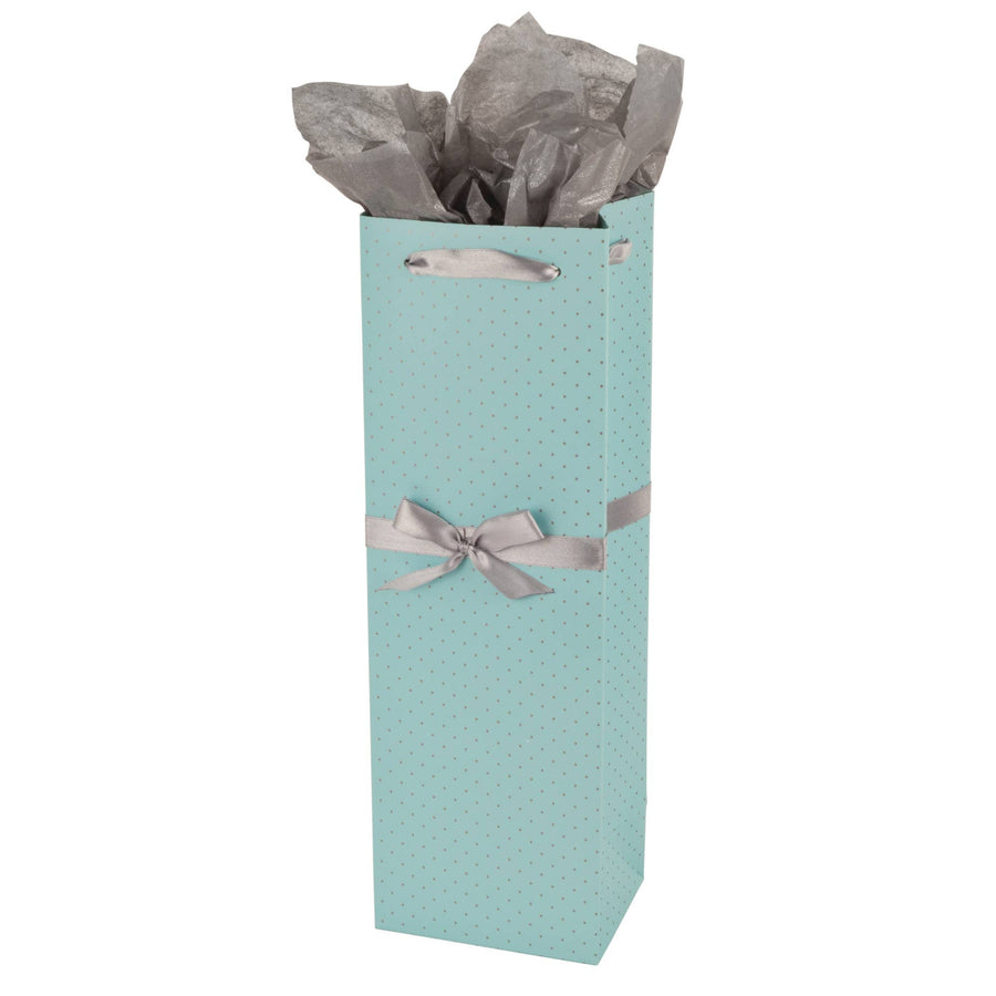 Ribbon Dot Single Bottle Wine Bag in Blue and Silver